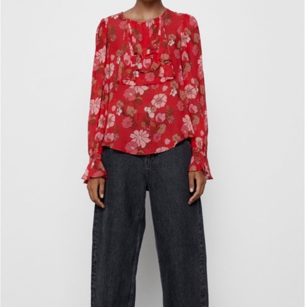 NWT ZARA Red Victorian Ruffle Neck Long sleeve blouse M
